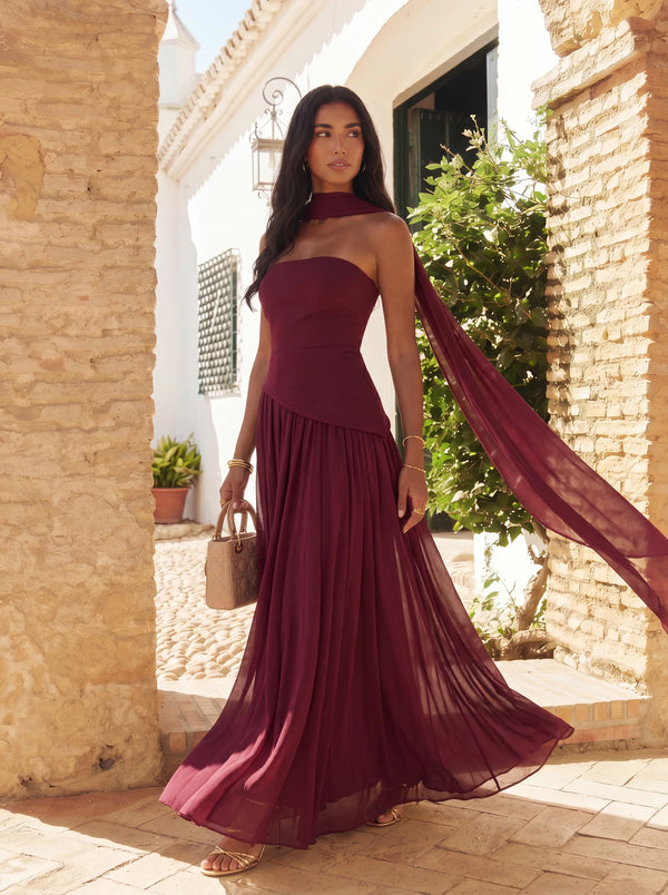 Long Asymmetrical Guest Dress with Draped Cape