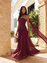 Long Asymmetrical Guest Dress with Draped Cape
