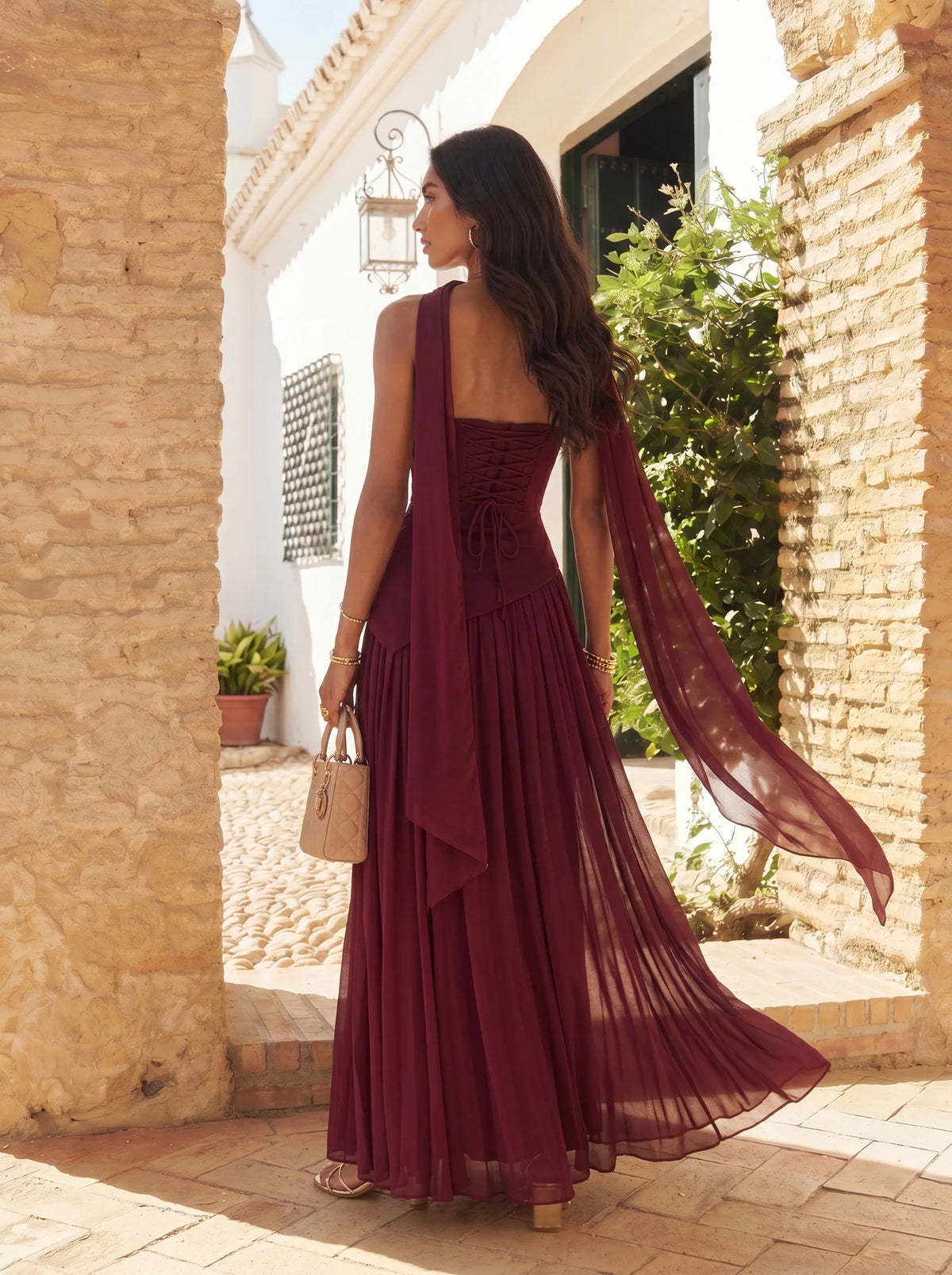 Long Asymmetrical Guest Dress with Draped Cape