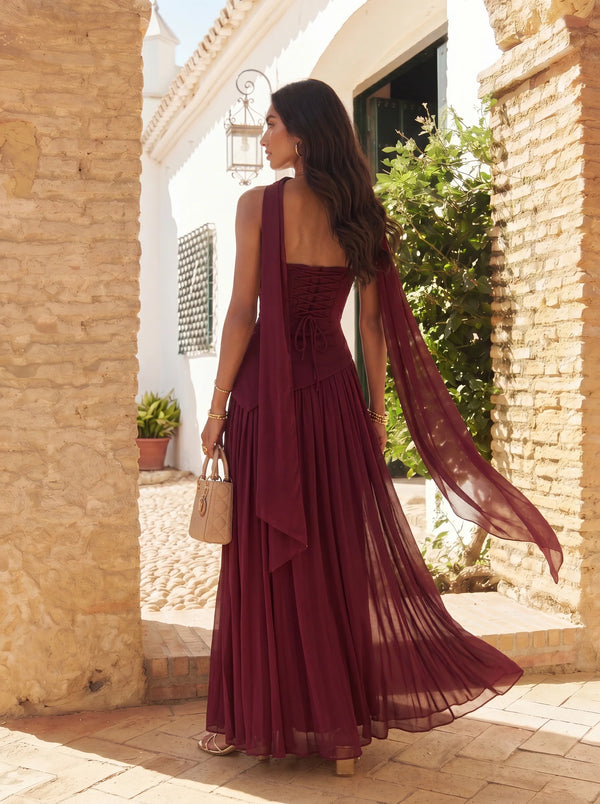 Long Asymmetrical Guest Dress with Draped Cape